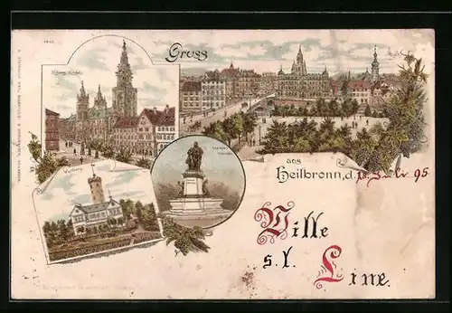 Vorläufer-Lithographie Heilbronn, 1895, Kilianskirche, Wartberg, Mayer-Denkmal, Ortspartie