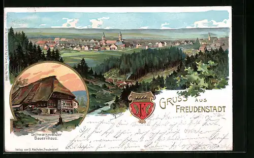 Lithographie Freudenstadt, Schwarzwälder Bauernstadt, Ortsansicht aus der Ferne, Wappen