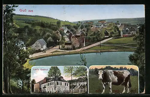 AK Kuhschnappel, Lahl`s Gasthof, Ortspartie am Wasser