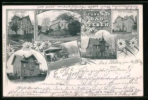 AK Bad Steben, Villa Burger, Humboldthaus, Kolonade und Tempelquelle