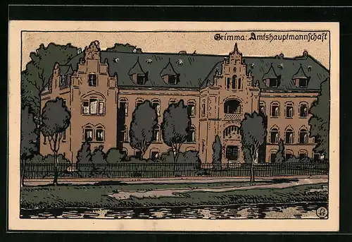 Steindruck-AK Grimma, Amtshauptmannschaft vom Fluss aus