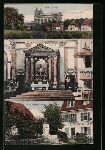 AK Oggersheim, Kath. Kirche, Innenansicht, Restaurant zum Schillerdenkmal