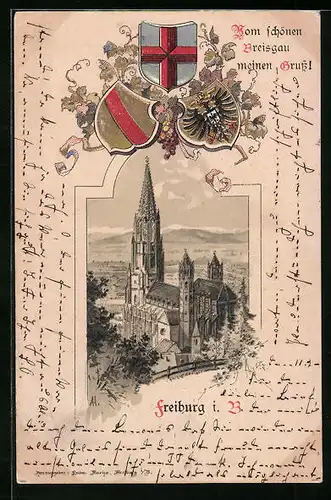 Passepartout-Lithographie Freiburg i. B., Münster in der Gesamtansicht, Wappen