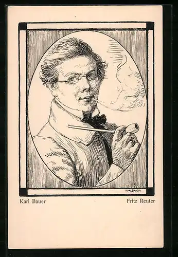 AK Fritz Reuter, Portrait mit Pfeife