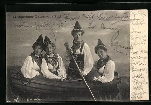 AK I. Stockholmer Damen Quartett, Damenorchester in einem kleinen Boot