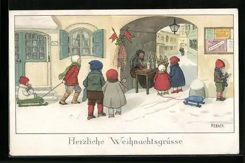 Künstler-AK Pauli Ebner: Weihnachtsgruss - Alte Frau mit Schnitzfiguren-Verkaufsstand und Kinder