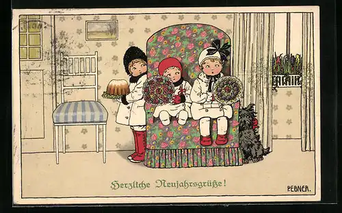 Künstler-AK Pauli Ebner: Neujahrsgruss - Kinder mit Kuchen und Blumen