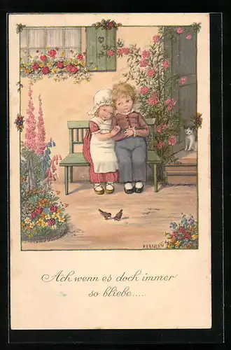 Künstler-AK Pauli Ebner: Kleines Paar im sommerlichen Garten