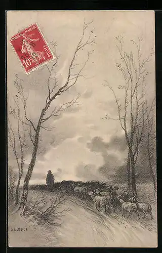 Künstler-AK R. Ulreich: Schafherde am Wintermorgen