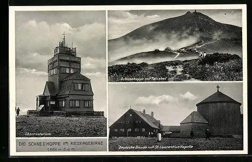 AK Schneekoppe im Riesengebirge, Observatorium, Deutsche Baude mit St. Laurentiuskapelle