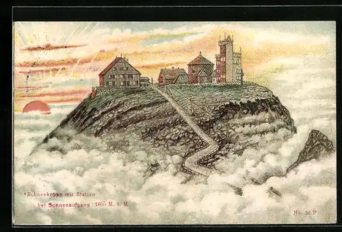 Präge-AK Schneekoppenhäuser, Schneekoppe bei Sonnenaufgang