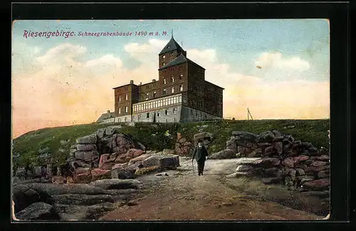 AK Schneegruben-Baude, Blick auf die Berghütte im Riesengebirge