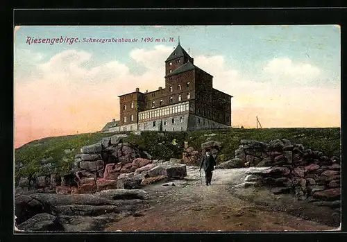 AK Schneegruben-Baude, Blick auf die Berghütte im Riesengebirge