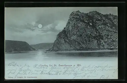 Mondschein-AK St. Goarshausen a. Rh., Loreley aus der Ferne