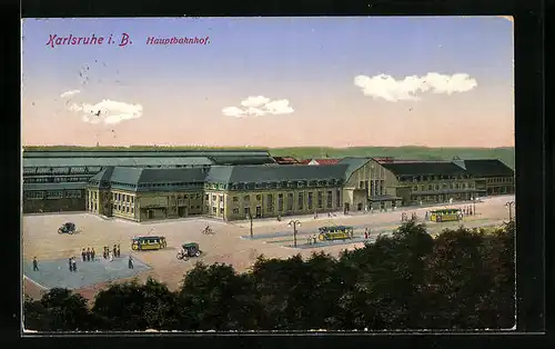 AK Karlsruhe i. B., Hauptbahnhof mit Strassenbahn