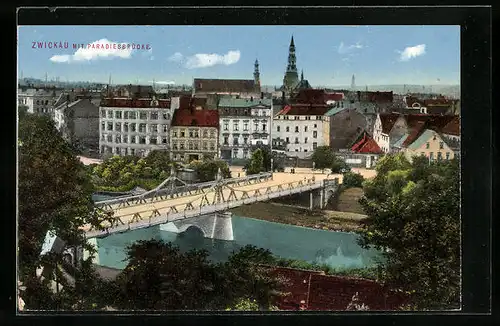 AK Zwickau, Uferpartie mit Paradiesbrücke