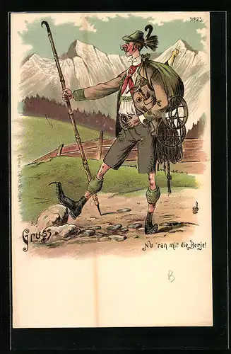 Lithographie Reisender in Tracht mit Bergsteigausrüstung