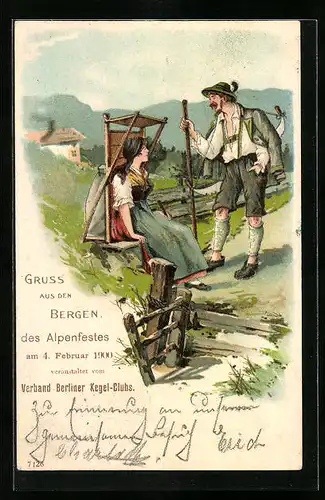 Lithographie Bergführer und Frau pausieren beim Bergsteigen