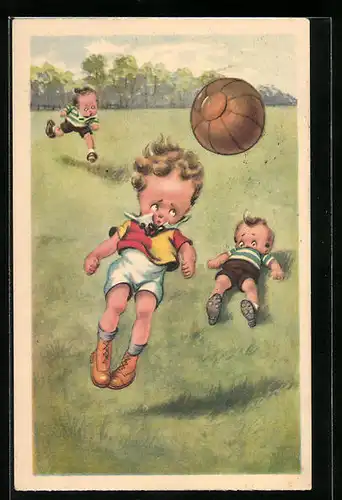 Künstler-AK Knaben beim Fussball, Einer köpft den Ball