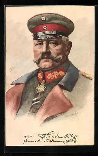 Künstler-AK Generalfeldmarschall Paul von Hindenburg in Uniform mit Schirmmütze