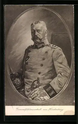 Künstler-AK Generalfeldmarschall Paul von Hindenburg in Uniform mit Pickelhaube in der Hand