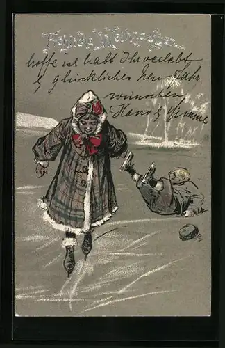 Präge-AK Weihnachtsgrüsse, Schlittschuhlaufende Kinder auf einem zugefrorenem See