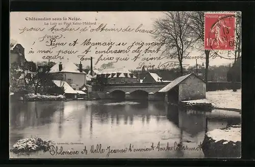 AK Châteaudun sous la Neige, Le Loir au Pont Saint-Médard