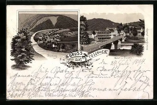 Vorläufer-Lithographie Treseburg /Harz, 1894, Hotel zur Forelle, Ortsansicht mit Bode