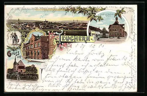 Lithographie Teuchern, Markt mit Denkmal und Rathaus, Kais. Postamt