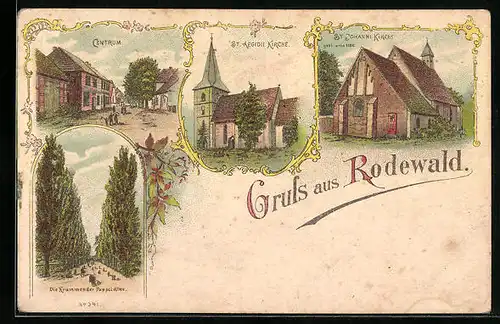 Lithographie Rodewald, Krummender Pappel-Allee, St. Aegidii Kirche, Strassenpartie im Centrum