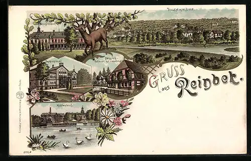 Lithographie Reinbek, Pension Scherer mit Landhaus, Mühlenteich, Sophienbad