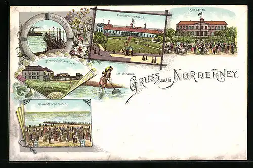 Lithographie Norderney, Kurgarten, Strandetablissement, Coversationshaus