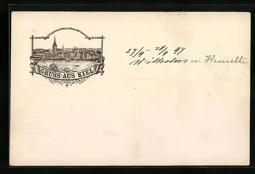 Lithographie Kiel, Panorama mit Kirche