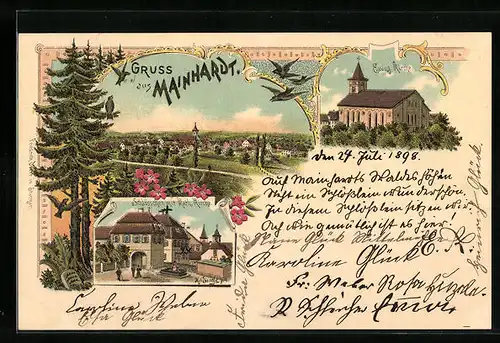 Lithographie Mainhardt, Schlösschen mit Kath. Kirche, Ev. Kirche, Panorama