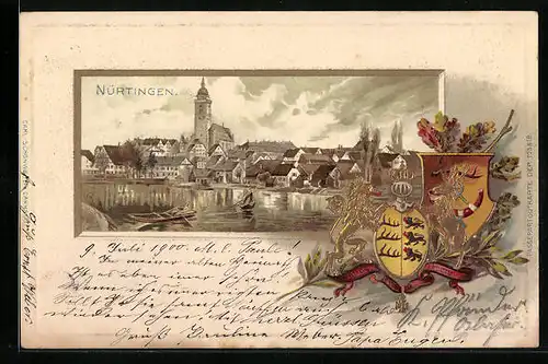 Passepartout-Lithographie Nürtingen, Panorama mit Kirche, Wappen