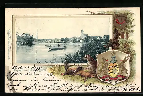Passepartout-Lithographie Nürtingen, Panorama mit Fluss und Kirche, Wappen