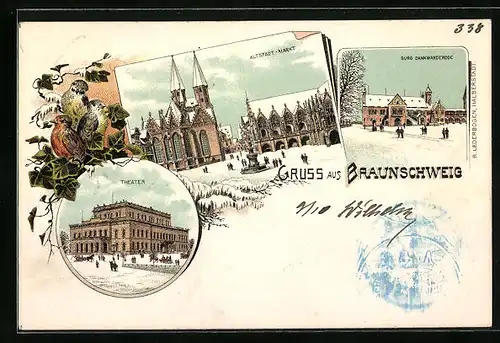 Winter-Lithographie Braunschweig, Burg Dankwarderode, Theater, Altstadt-Markt
