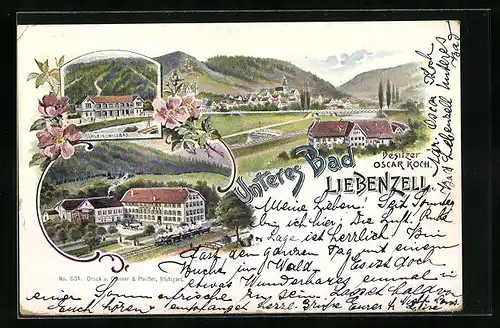 Künstler-AK Liebenzell, Hotel Unteres Bad, Klein-Wildbad, Ortspartie mit Eisenbahn