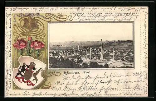 Passepartout-Lithographie Münsingen, Totalansicht, Wappen