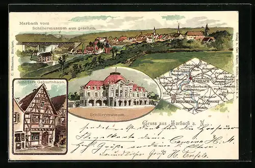 Lithographie Marbach a. N., Schillermuseum, Schillers Geburtshaus, Landkarte mit Ludwigsburg