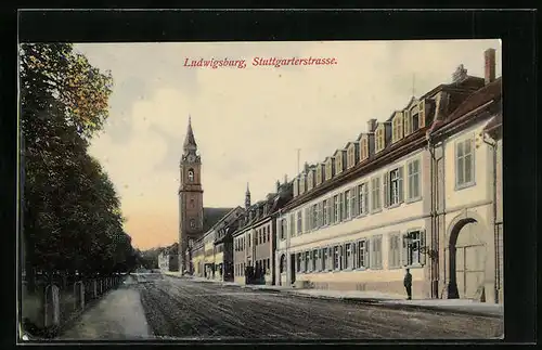 AK Ludwigsburg, Stuttgrterstrasse mit Kirche