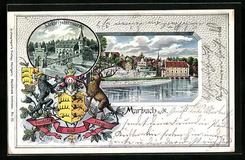 Passepartout-Lithographie Marbach a /N., Elektrizitätswerke, Uferpartie mit Kirche, Wappen