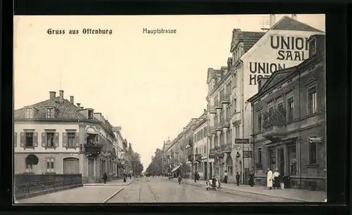 AK Offenburg, Hauptstrasse mit Union Hotel, Geschäften und Zahn-Atelier