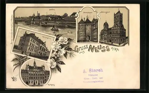 Lithographie Neuss a. Rh., Hafen, Oberthor, Münster, Gymnasium und Rathaus