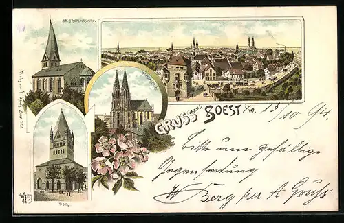 Vorläufer-Lithographie Soest, 1894, Wiesenkirche, Dom, St. Thomaskirche, Totalansicht
