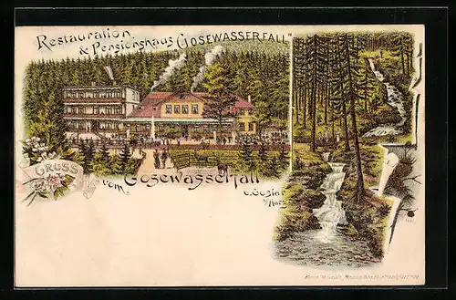 Lithographie Goslar /Harz, Restaurant zum Gosewasserfall mit Kundschaft