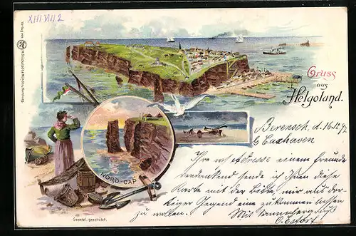 Lithographie Helgoland, Nord-Cap, Gesamtansicht aus der Vogelschau