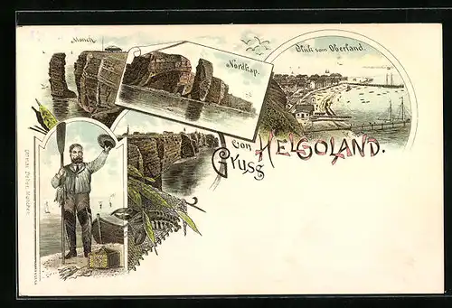 Lithographie Helgoland, Mönch und Nordcap, Blick vom Oberland, Hummer