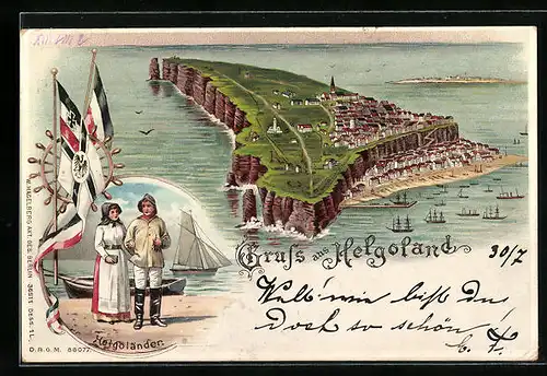 Lithographie Helgoland, Gesamtansicht aus der Vogelschau, Trachten