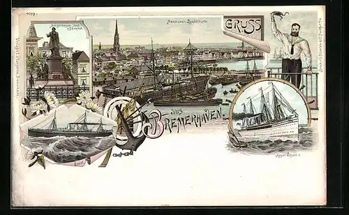 Lithographie Bremerhaven, Panorama vom Leuchtturm, SMS Kaiser Wilhelm II., Dampfer auf der Havel